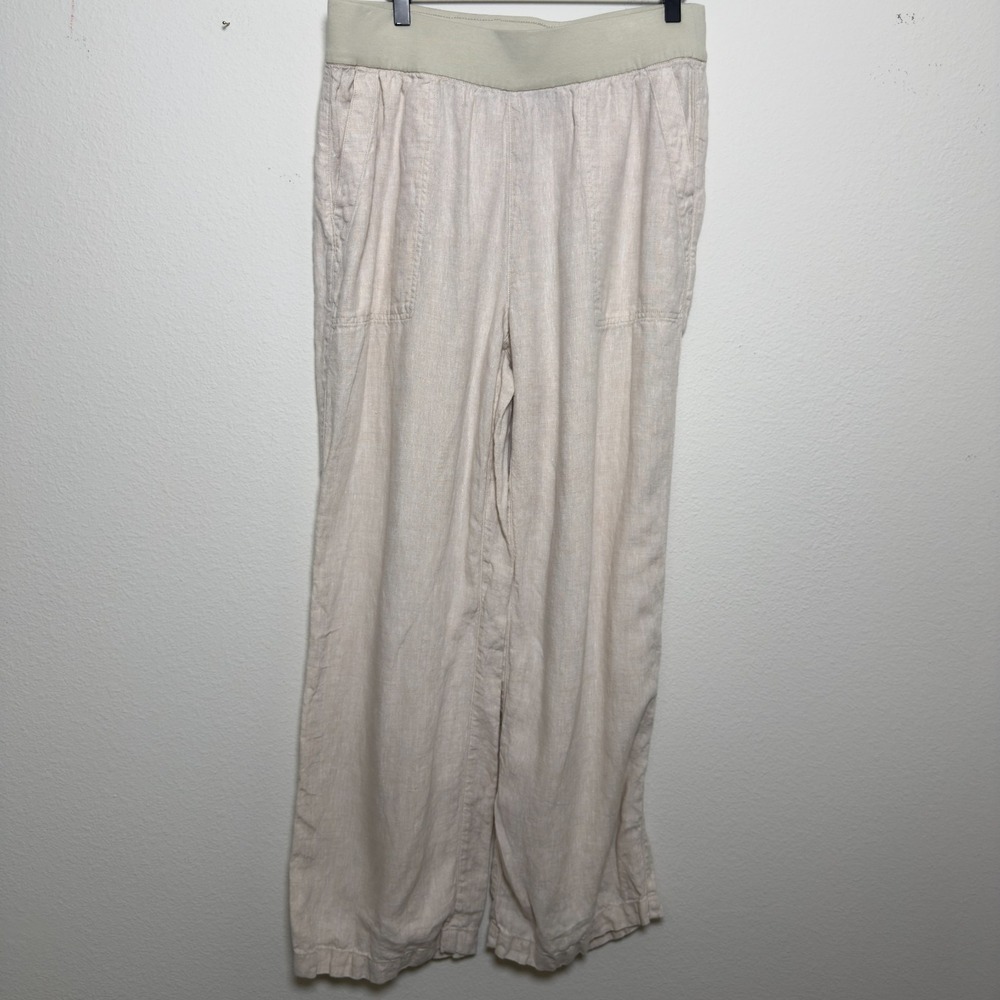 Lands End Women 100% Linen Pull On Pants 14 Tan Coastal Lagenlook Wide Leg Light